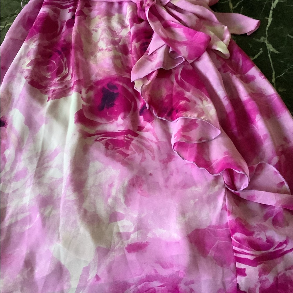 Madison leigh faux wrap pink rose print ruffled dress size 14 - Picture 6 of 7